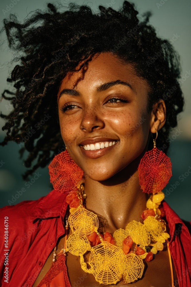 Close-up of a smiling woman wearing colorful accessories outdoors