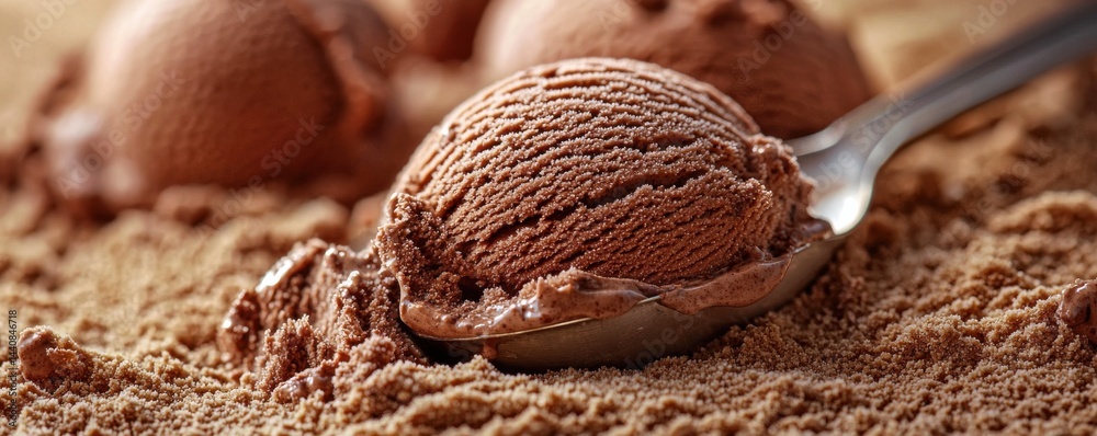 Close-up of chocolate ice cream scooped on a spoon in fine detail