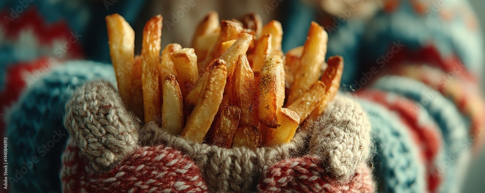 French fries held in woolen mittens giving a cozy winter feel