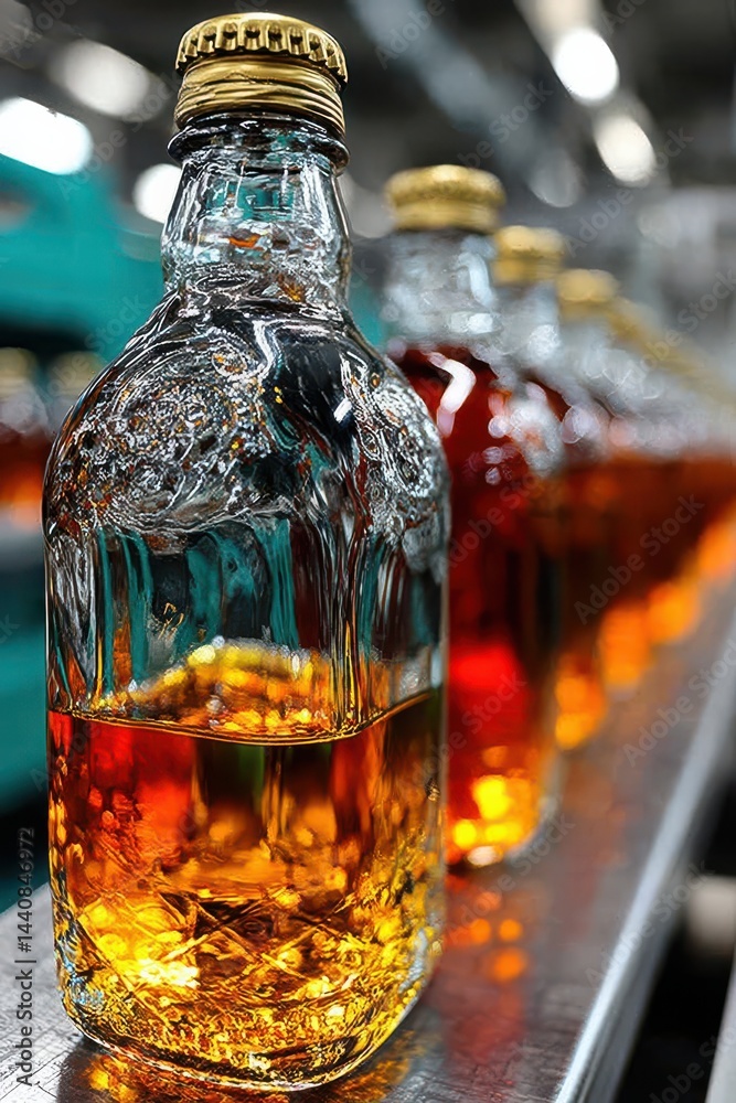 Close-up view of amber liquid-filled glass bottles on a production line