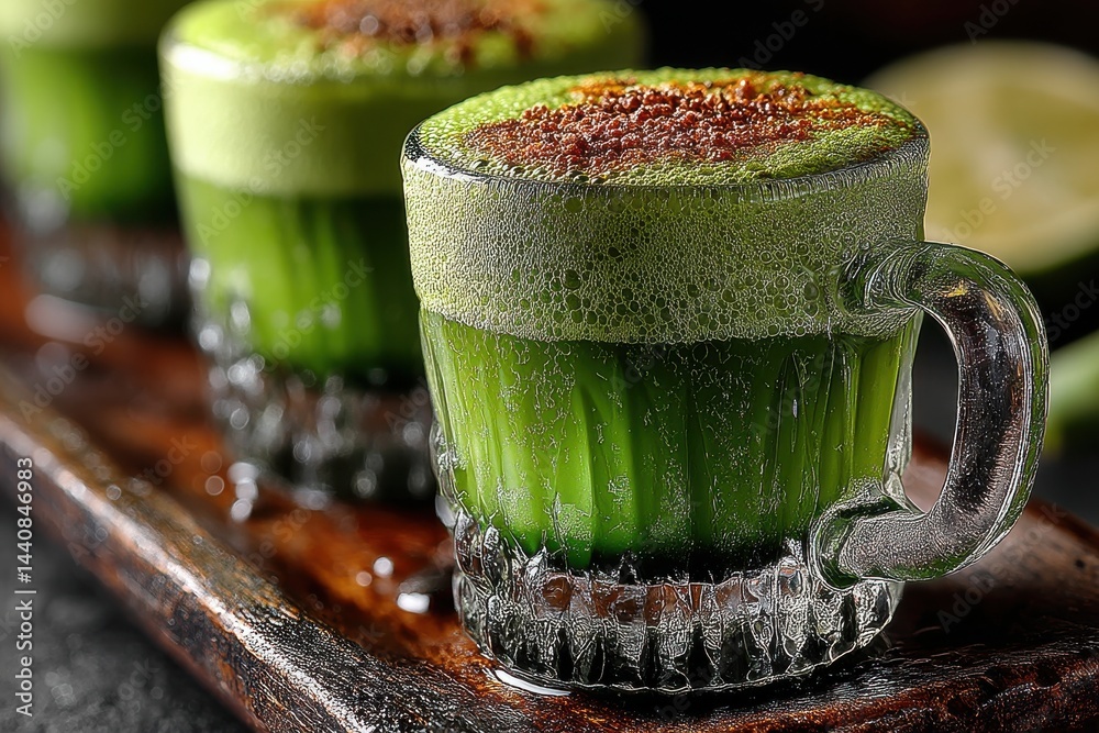 Close-up of vibrant matcha green juice in elegant transparent shot glasses