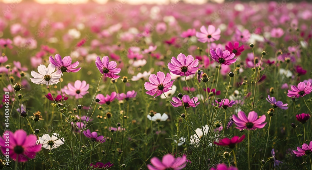 Cosmos Flowers Blooming in a Field with a Soft Light Cosmos Flowers Blooming in a Field with a Soft Light