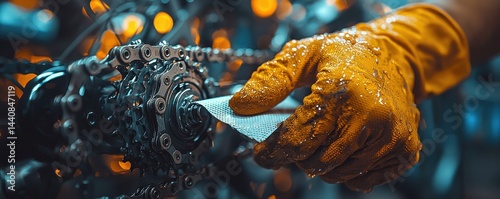 Obraz na płótnie Close-up of cleaning a bicycle chain with a gloved hand and cloth w salonie