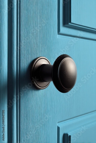 Obraz na płótnie Close-up of a black doorknob on a bright blue textured door w salonie