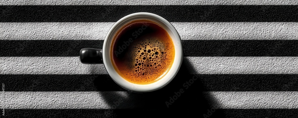 Hot cup of coffee on striped background with high contrast lighting