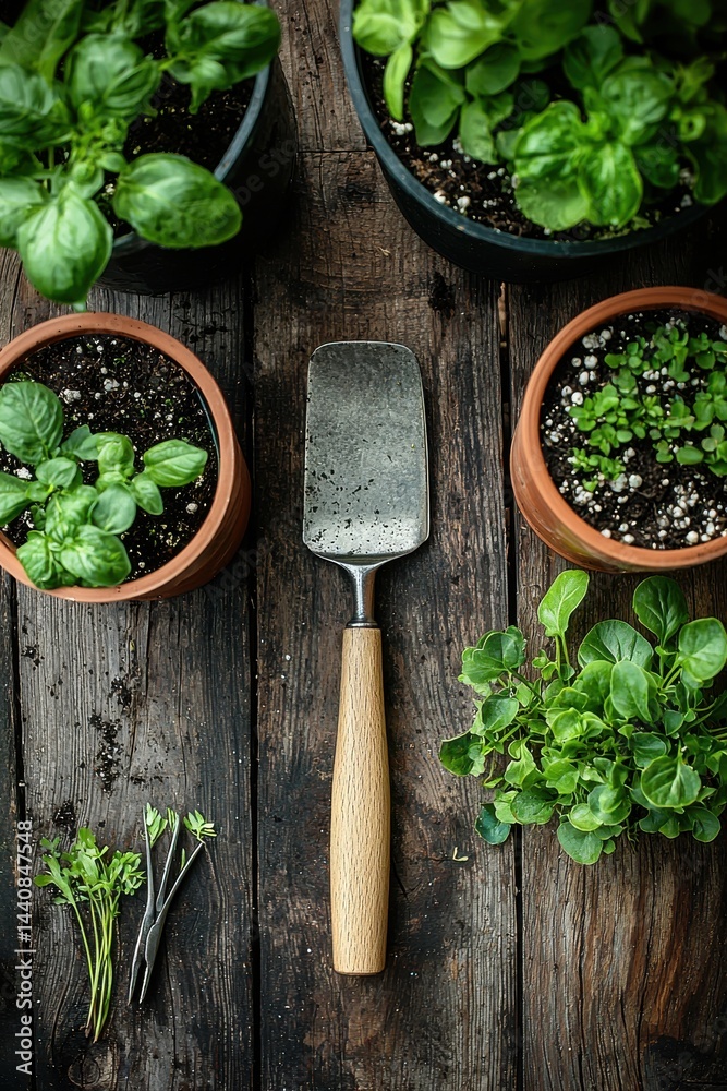 Gardening tools and potted plants on a rustic wooden table