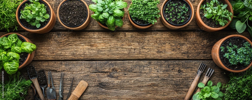 Gardening tools and potted green plants on a rustic wooden tabletop