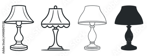 Four Table Lamp Illustrations In Black And White Outline And Silhouette Styles For Interior Design Elements
