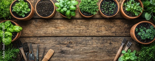 Obraz na płótnie Gardening tools and potted green plants on a rustic wooden tabletop w salonie