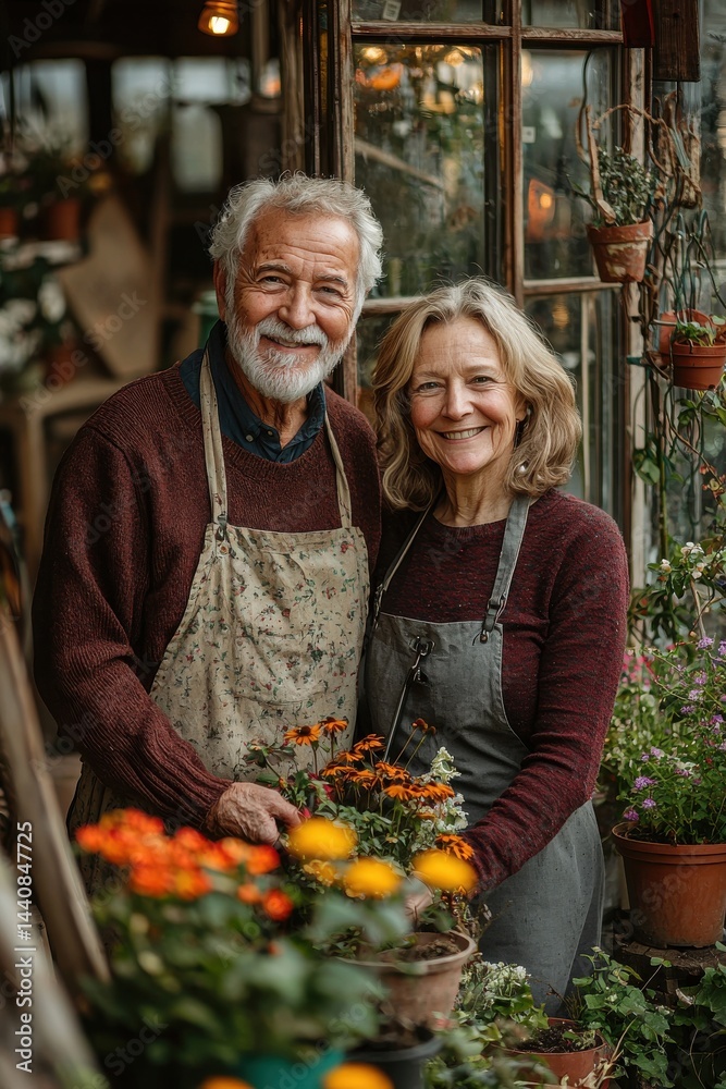 Senior couple happily gardening together surrounded by colorful blooming flowers