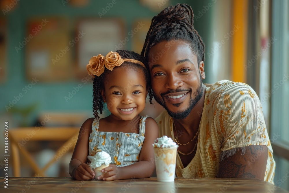 Father and daughter smiling together while enjoying ice cream in a cozy cafe