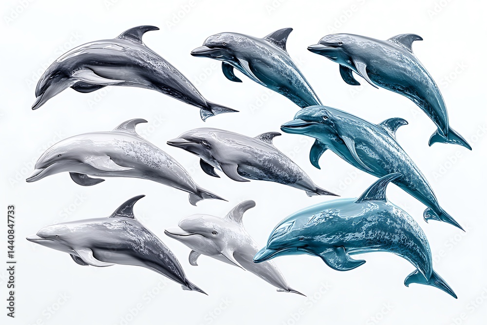 Naklejka premium A set of jumping dolphins in dynamic poses, isolated on a diffrent collers or white background, showcasing the elegance of these marine mammals.