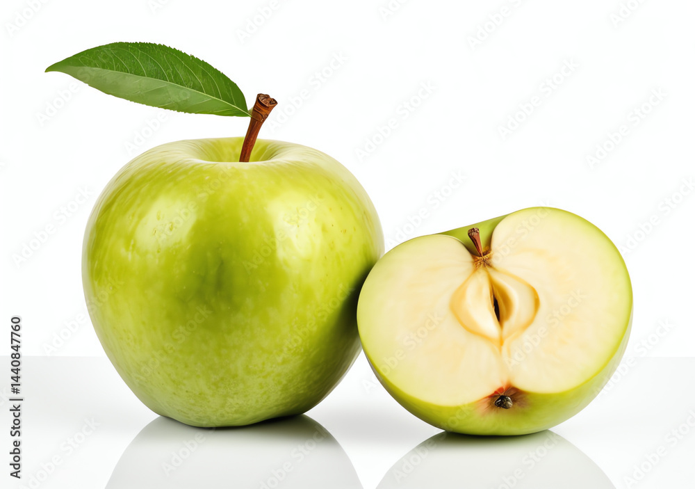 Two fresh green apples isolated on white background in high definition cinematic capture with studio lighting and copy space.