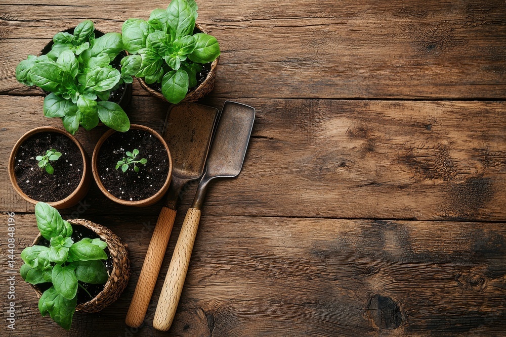 Gardening tools and young plants in pots on a rustic wooden table