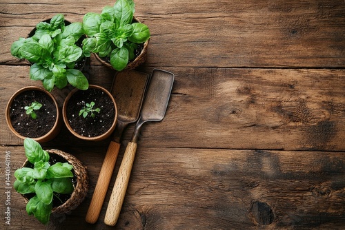 Obraz na płótnie Gardening tools and young plants in pots on a rustic wooden table w salonie