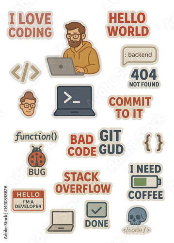 Tech-themed coder stickers in PNG format with transparent background.