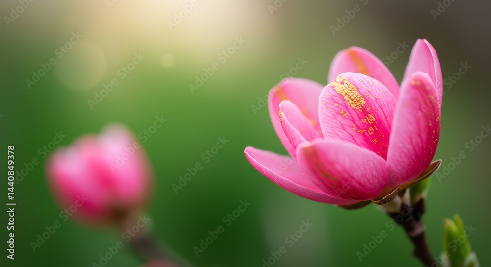 Fototapeta premium Pink Blossom Blooming with Green Background in Soft Light