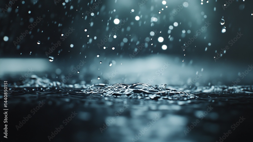 Close up shot of rain drops falling into a puddle creating ripples on a dark surface with bokeh effect Close up shot of rain drops falling into a puddle creating ripples on a dark surface with bokeh effect