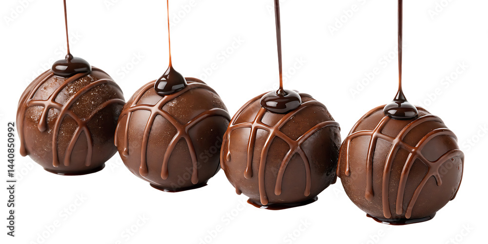 Obraz premium Chocolate Decadence: Savor the rich indulgence of four exquisite chocolate truffles, drizzled with a cascade of luscious melted chocolate.