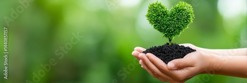 Loving Hands Nurturing Green Heart Sapling - Symbolizing environmental care, growth, love for nature, sustainability, and hope for the future. A young sapling shaped like a heart