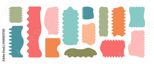 Shape zig zag sticker, wavy edge stamp, frame corrugated, wave box pastel color, curvy wiggle badge, colorful squiggle label set isolated on white background. Geometric vector illustration