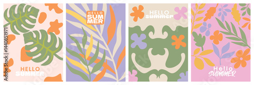 Unique spring to summer greeting cards set plants, leaves, flowers. Abstract and minimalist shape poster, banner, covers, ads ,branding, holiday celebration template