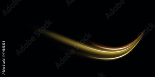 Golden glowing shiny spiral lines effect. Curved yellow line light. Vector illustration of a burning falling fireball meteor. 