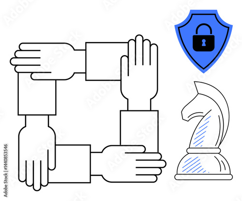 Interlocked hands illustrate collaboration shield with lock conveys security chess knight symbolizes strategy. Ideal for teamwork, security, strategy, partnership, unity, planning, problem-solving