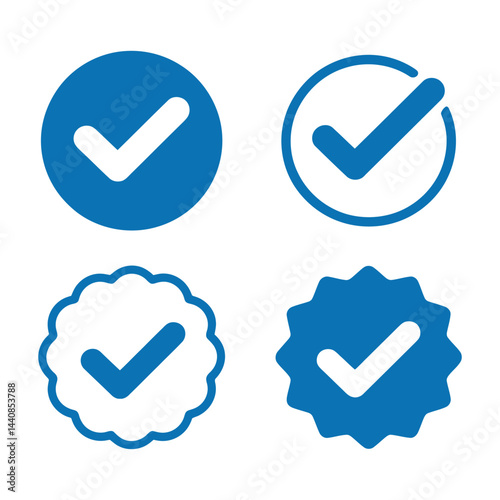Blue Check Mark Vector Set For Verification Approval And Authentic Confirmation Symbol In Different Styles Shape And Designs