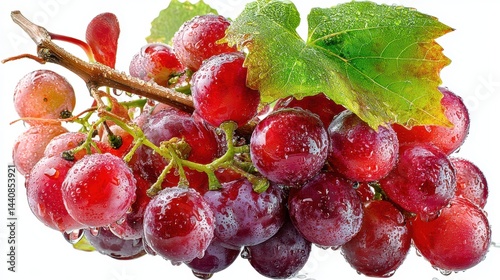 a fresh bunch of grapes with green leaves on a white isolated background, juicy and sweet design