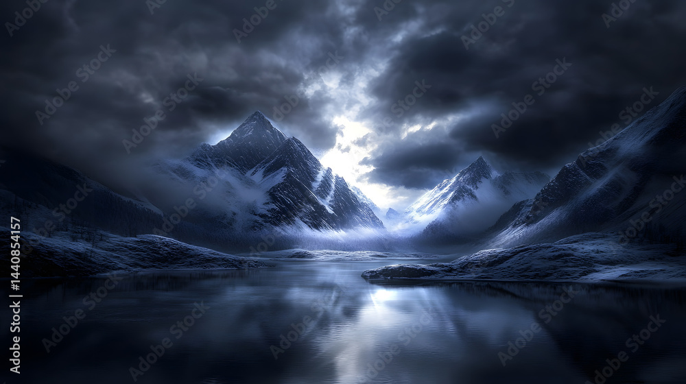 Fototapeta premium A dramatic winter landscape with towering, snow-covered peaks standing against a stormy sky, the icy winds creating a fierce, yet beautiful scene.
