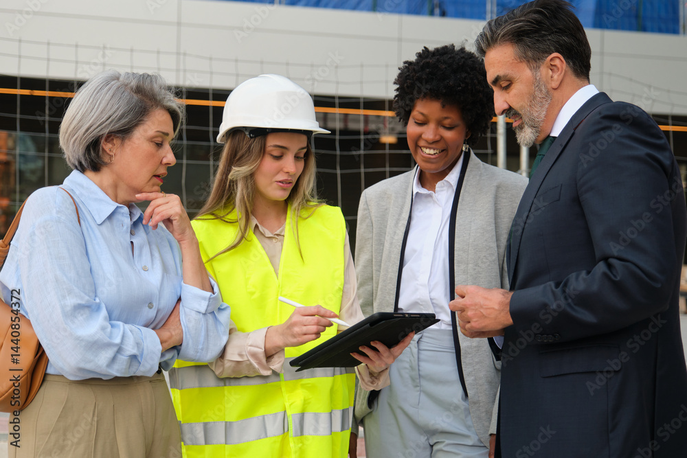 Multi ethnic team discussing building project using tablet in front of construction site