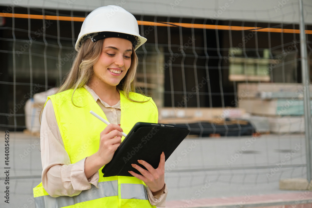 Young architect wearing safety helmet writing notes on digital tablet during building inspection