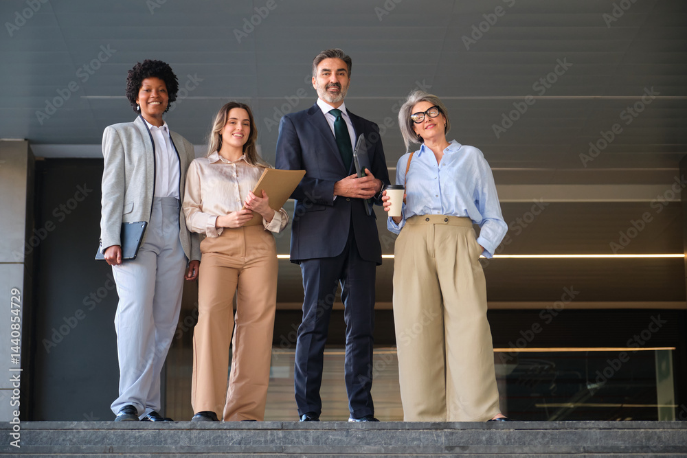 Multi ethnic business team standing on office building stairs