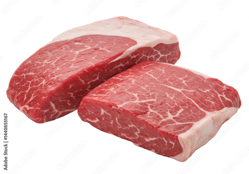 透明背景の赤身肉塊2つ 鮮やかな赤色と白い脂肪の対比 料理用食材のクローズアップ 透明背景の赤身肉塊2つ 鮮やかな赤色と白い脂肪の対比 料理用食材のクローズアップ