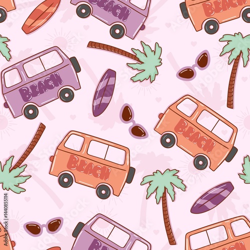 Summer concept pattern design with beach written car, palm, surfboard drawings