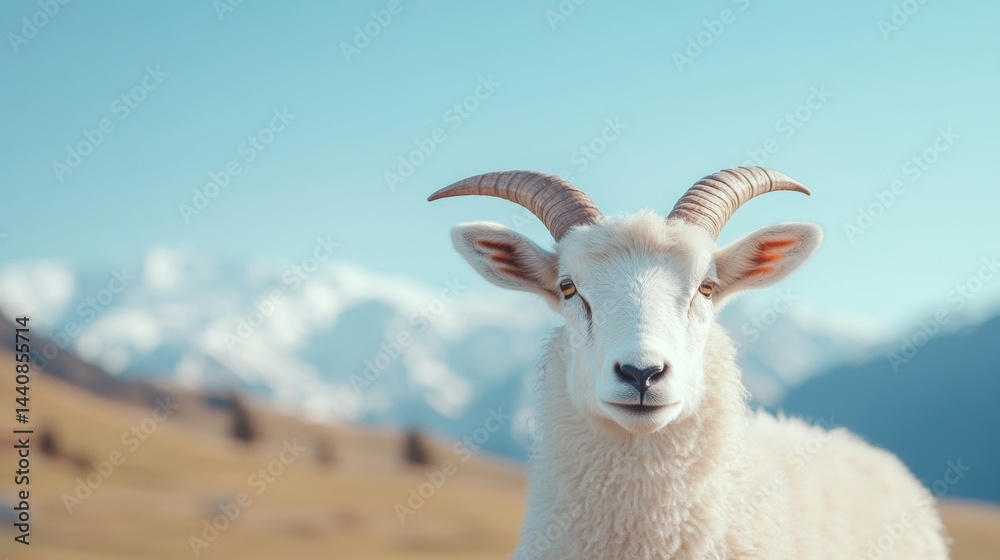 Naklejka premium Majestic white goat in mountain landscape scenic view sky farm calm wool blue rural image photo grass