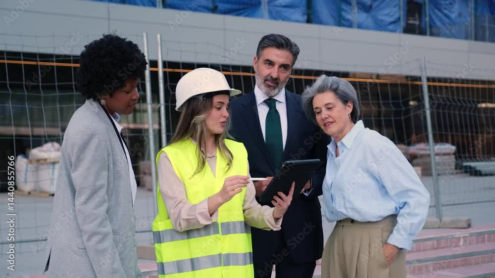 Architect explaining building project using tablet to colleagues on construction site Architect explaining building project using tablet to colleagues on construction site