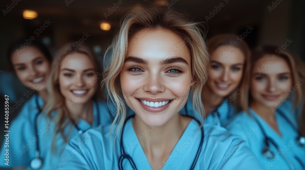 Obraz premium Group of Medical Professionals in Uniforms with Stethoscopes Smiling and Ready for Healthcare