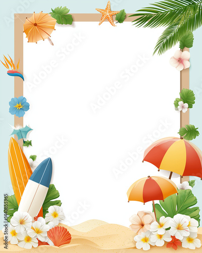 Summer Beach Photo Frame Tropical Design with Surfboards, Umbrellas, and Flowers