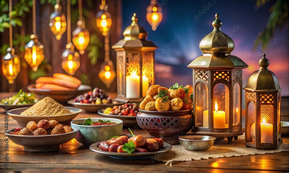 Ramadan iftar table setup with traditional food and lanterns, festive mood Ramadan iftar table setup with traditional food and lanterns, festive mood