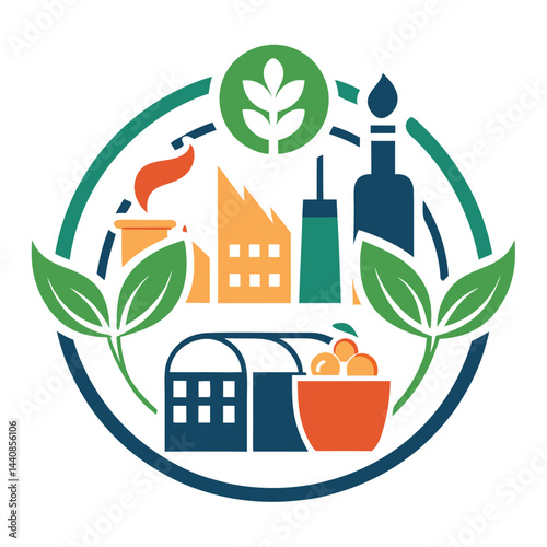 Clean minimalist logo design for a food processing company, representing agricultural and industrial processes with a modern touch suitable for branding and marketing