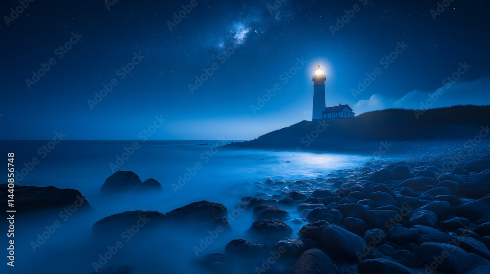 Lighthouse Shining Under Starry Night Lighthouse Shining Under Starry Night