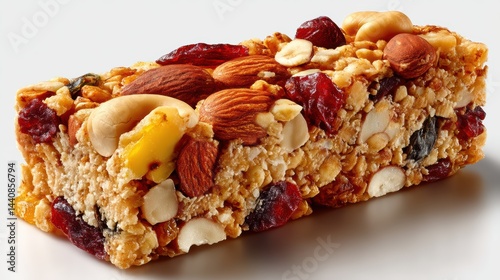 a close-up of a crunchy, golden granola bar with nuts and dried fruit on a white isolated background, healthy and energizing design