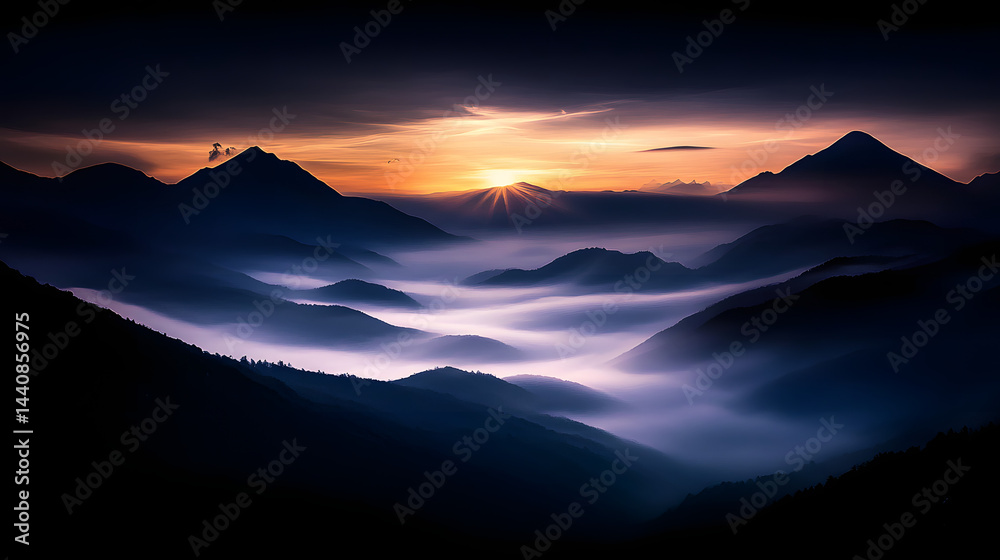 Fototapeta premium A dreamy landscape of mountains and valleys blanketed in fog, with the first light of day revealing the silhouettes of peaks.