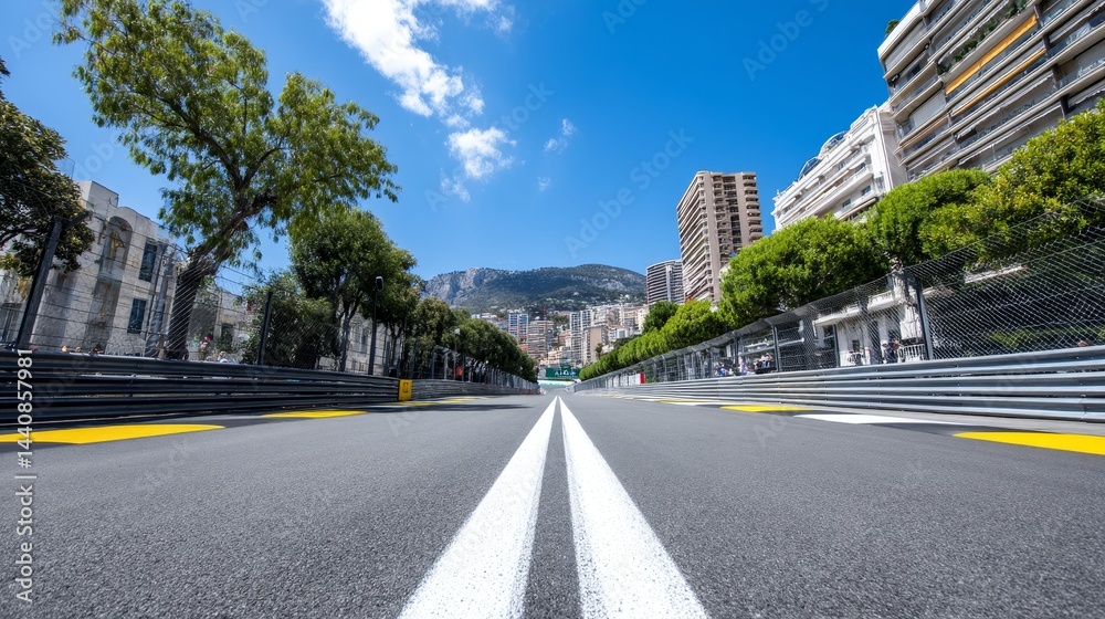 Obraz premium Monaco Grand Prix Street Circuit: A Sunny Day Perspective - Speed, luxury, and the thrill of racing converge on the Monaco Grand Prix street circuit. This captures the essence of the iconic race