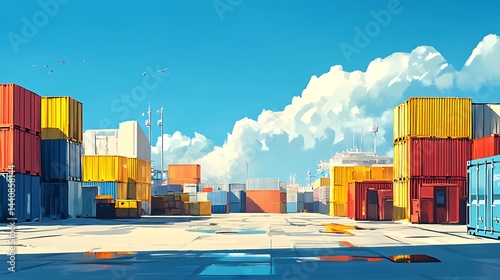 Colorful shipping containers line a sunny port terminal.