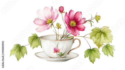 Delicate watercolor cosmos flowers bloom from a teacup, a rebg 788 design.