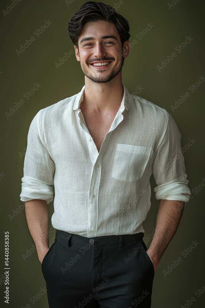 Obraz premium Fashion Photography of smiling man in white linen shirt and black trousers, olive green backdrop