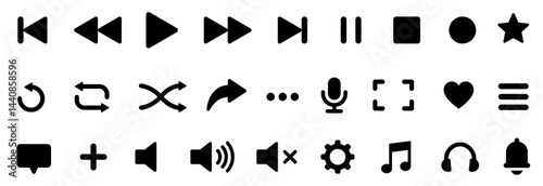Media player icons set. Button collection. Music, sound, interface, play, microphone, arrow, setting.